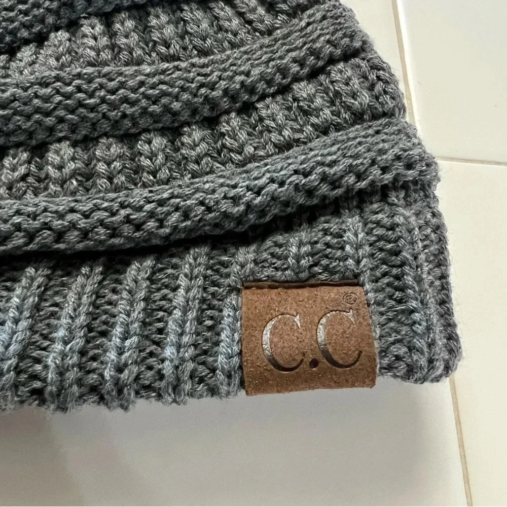 CC Grey Cable Knit Faux Fur Pom Beanie with Tan Pom Pom